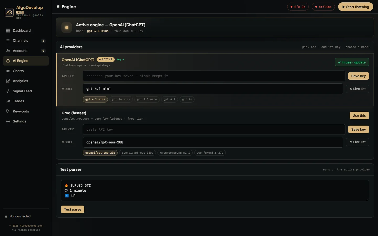 AI Engine page with the active engine and the test parser