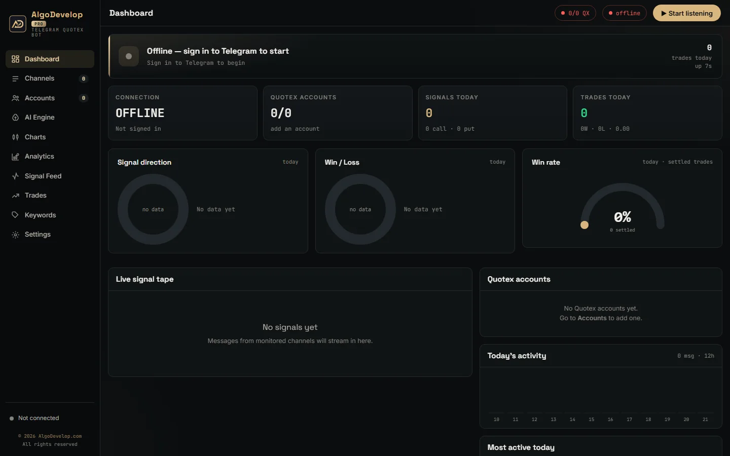 Bot dashboard showing live status, signal direction, wins and losses and the signal tape