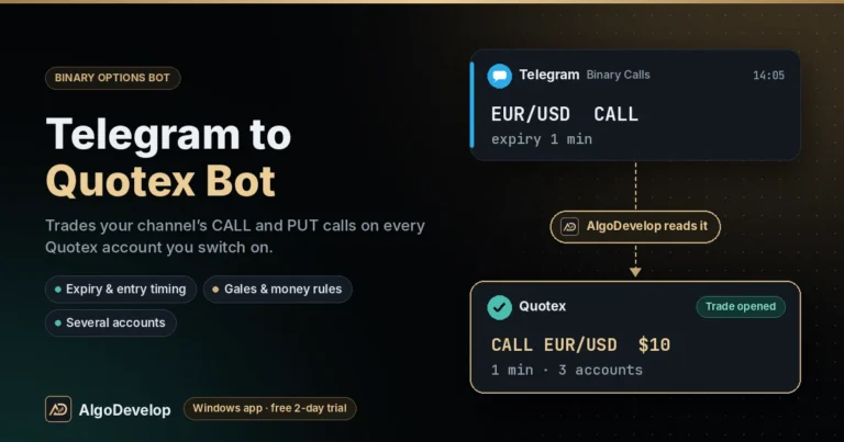 Telegram to Quotex Bot by AlgoDevelop: a Telegram signal, EUR/USD CALL, placed on Quotex as CALL EUR/USD $10