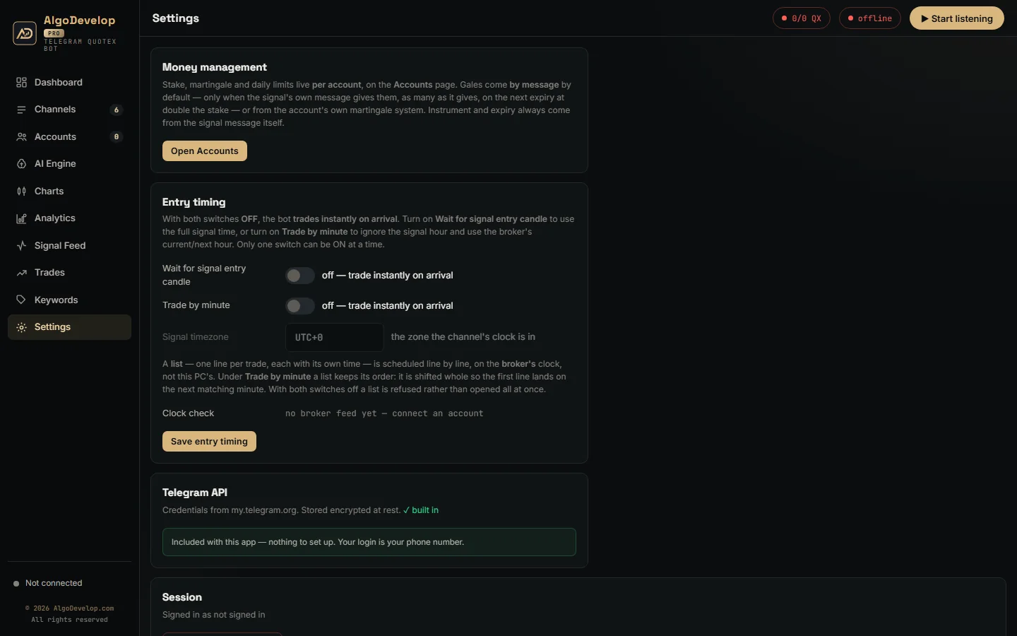 Bot settings with entry timing modes, the signal timezone and a broker clock check