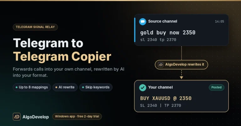 Telegram to Telegram Copier by AlgoDevelop: a source-channel call, gold buy now 2350, rewritten and posted in your own channel