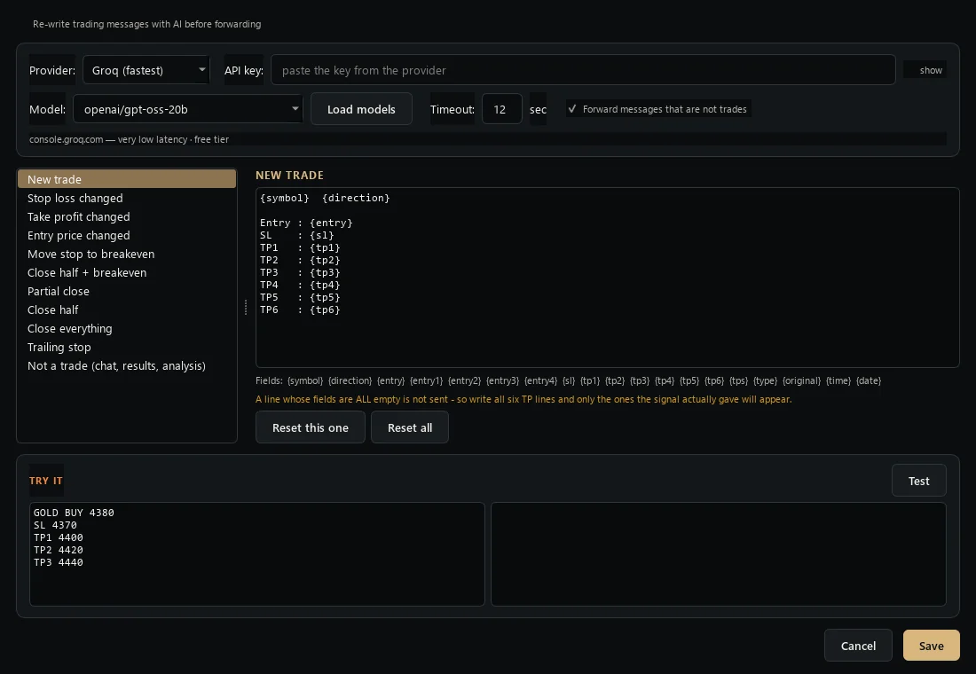 AI and message formats dialog with provider, model, message kinds and the template editor