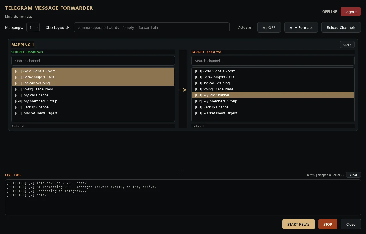 Telegram to Telegram copier main window with source channels on the left, target channel on the right and START RELAY