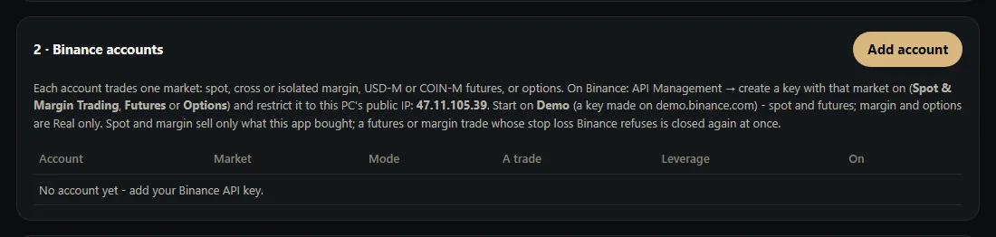 Binance accounts table with market, mode, amount per trade and leverage