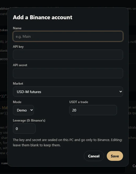 Add a Binance account dialog with API key, secret, market, amount and leverage