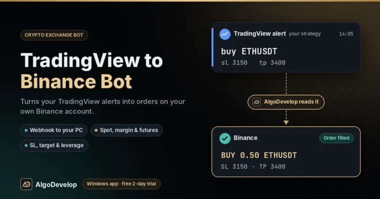 TradingView to Binance Bot by AlgoDevelop: a TradingView alert, buy ETHUSDT, placed on Binance as BUY 0.50 ETHUSDT