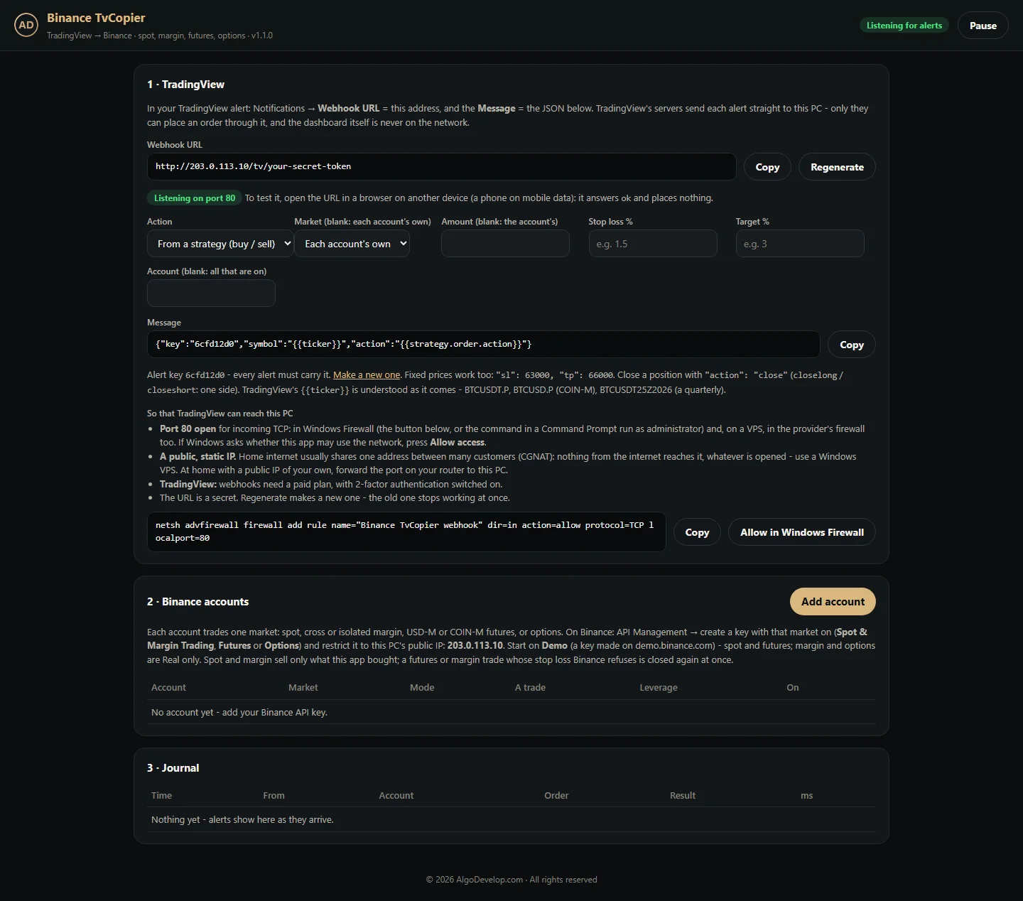 TradingView to Binance bot dashboard with the TradingView card, Binance accounts and the journal