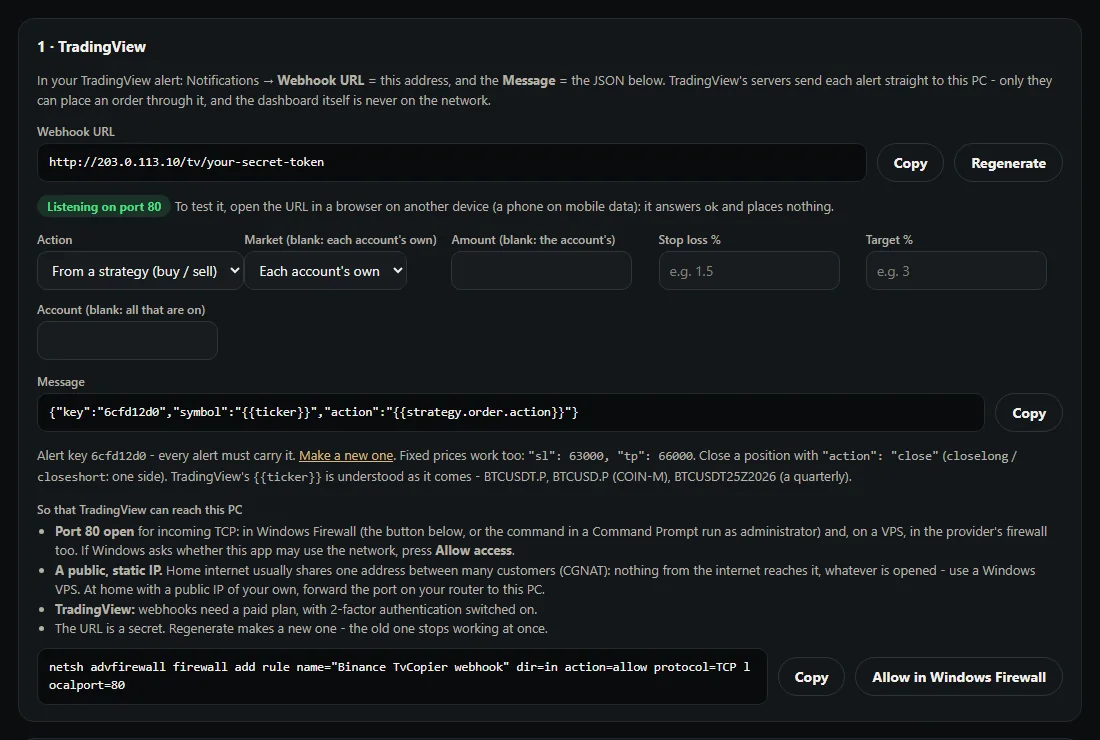 TradingView webhook URL and the alert message builder with Copy buttons