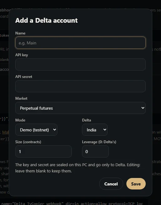 Add a Delta Exchange account dialog with API key, secret, market, region, size and leverage