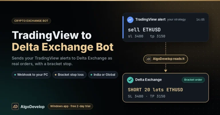 TradingView to Delta Exchange Bot by AlgoDevelop: a TradingView alert, sell ETHUSD, placed on Delta Exchange as a short