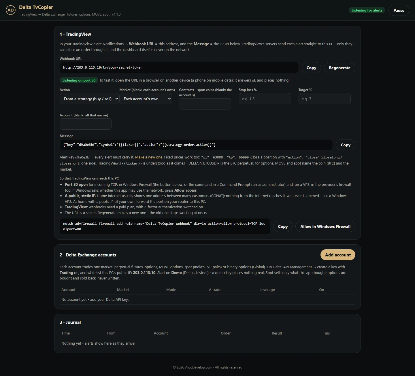 TradingView to Delta Exchange bot dashboard with the TradingView card, Delta accounts and the journal