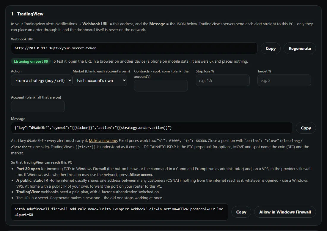 TradingView webhook URL and the alert message builder for Delta Exchange