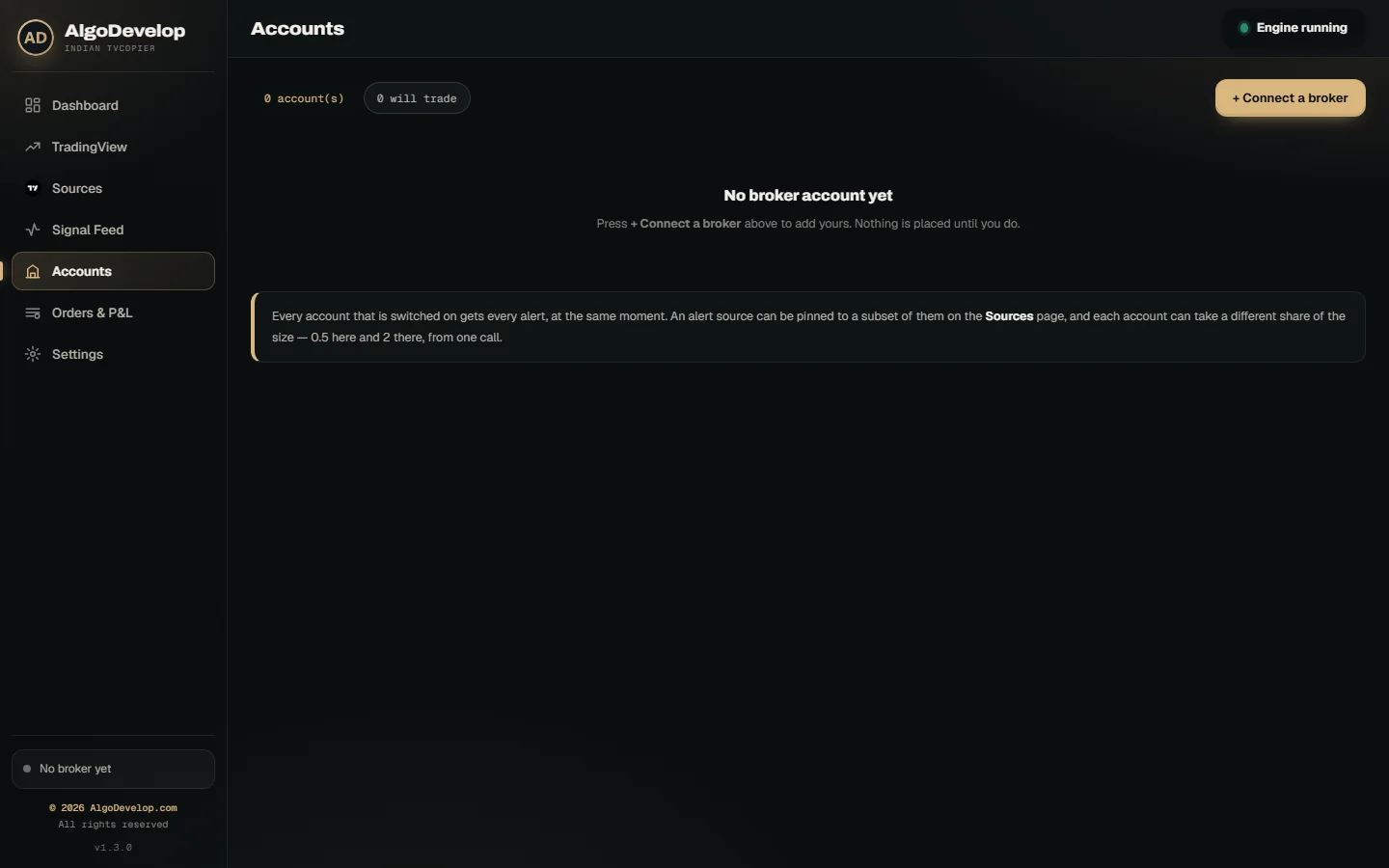Accounts page listing broker accounts, each with its own order settings and Real or Paper mode