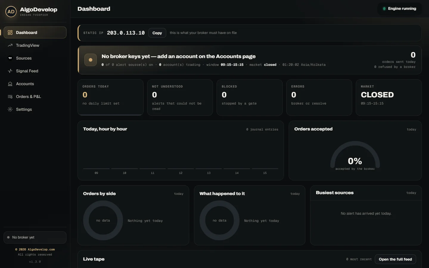 Dashboard with the static IP band and its Copy button, today's counters and the live tape of alerts