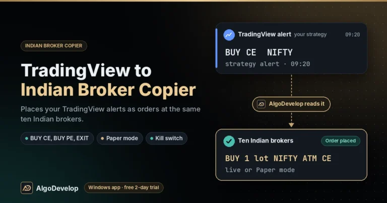 TradingView to Indian Broker Copier by AlgoDevelop: a TradingView alert, BUY CE NIFTY, placed at one of ten Indian brokers