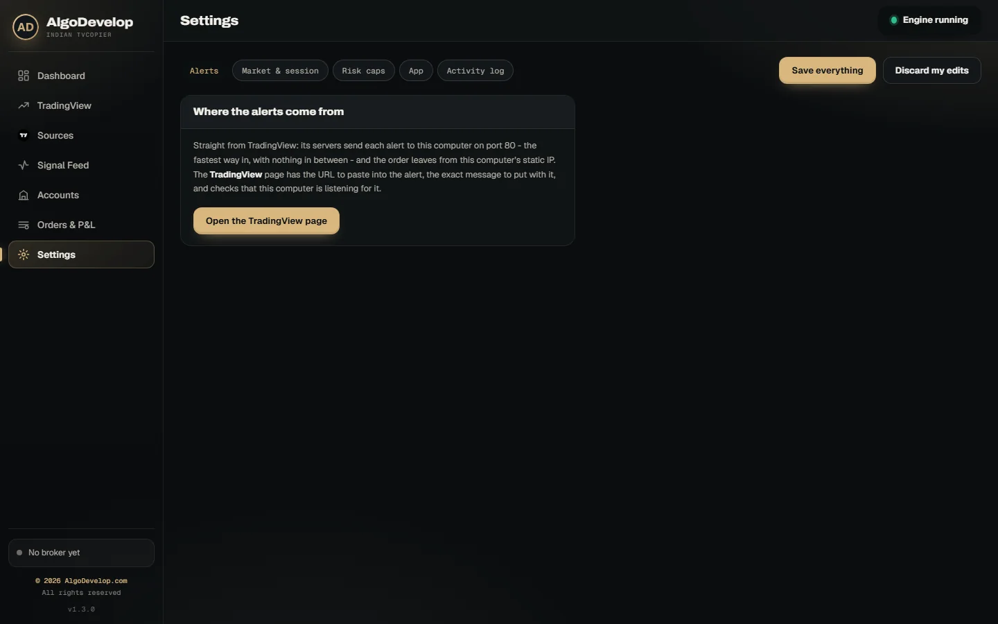 Settings page with the trading window, repeat window, square-off time and kill switch