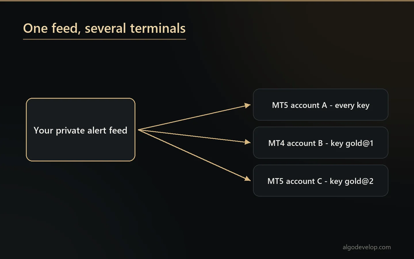 Diagram of one alert feed reaching several MT4 and MT5 accounts, split by strategy key