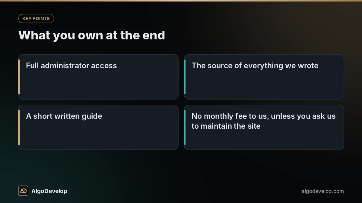 Website development company: what you own at the end, including full administrator access and the source of everything we wrote