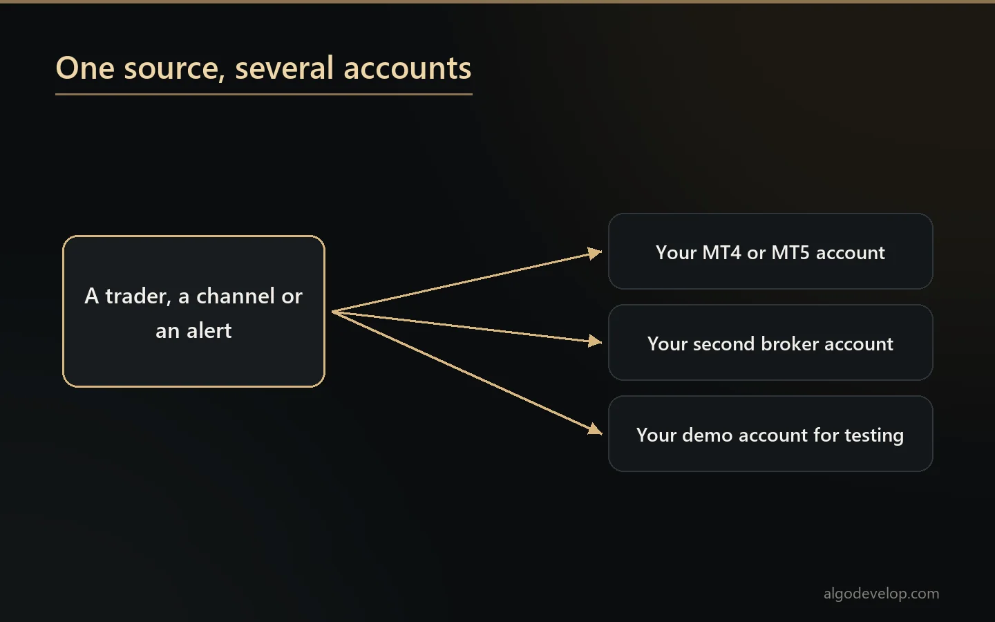 What is copy trading: one source's trades copied into several accounts, each with its own size and limits