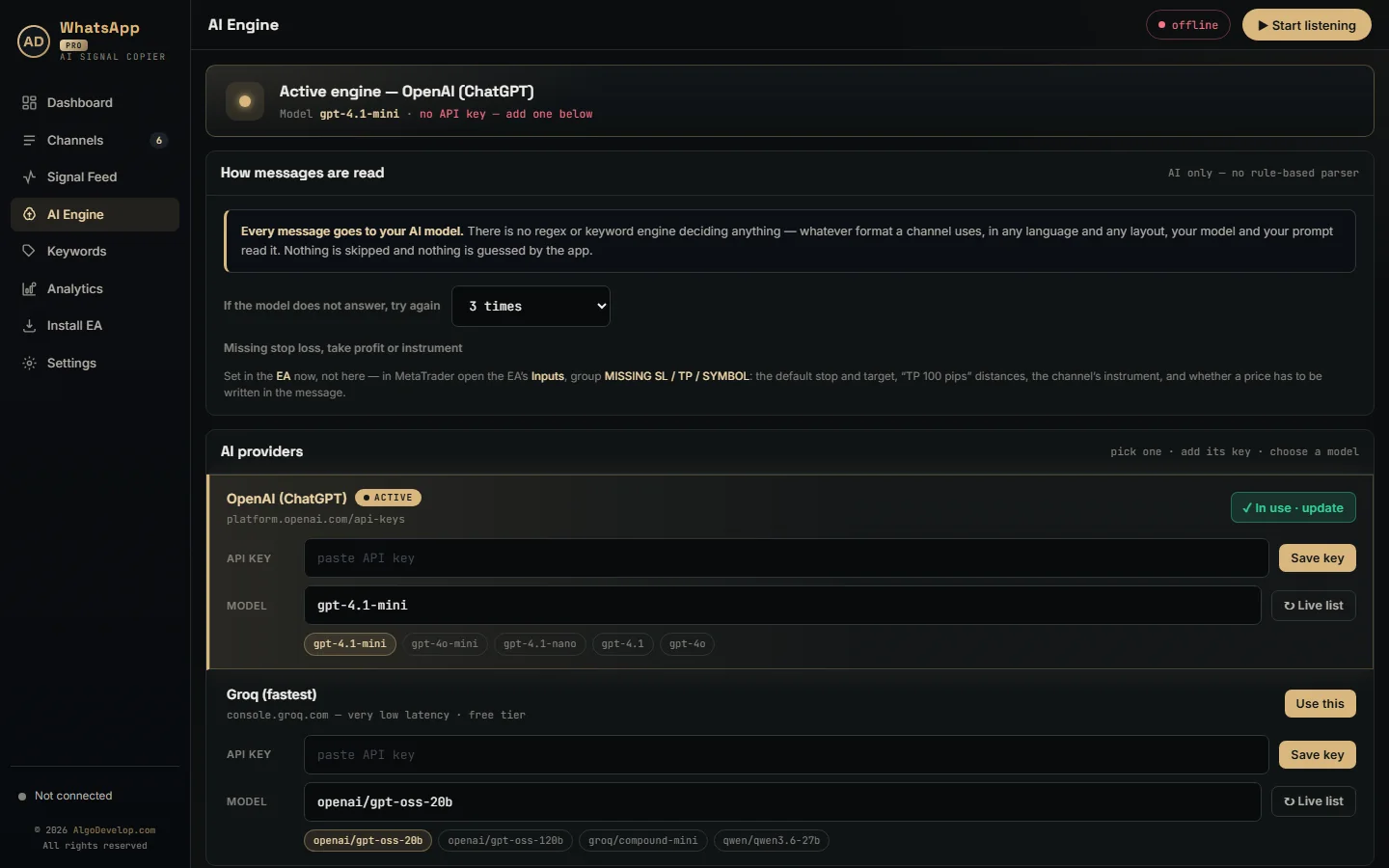 AI Engine page with the provider choice, retry setting and Test parser box