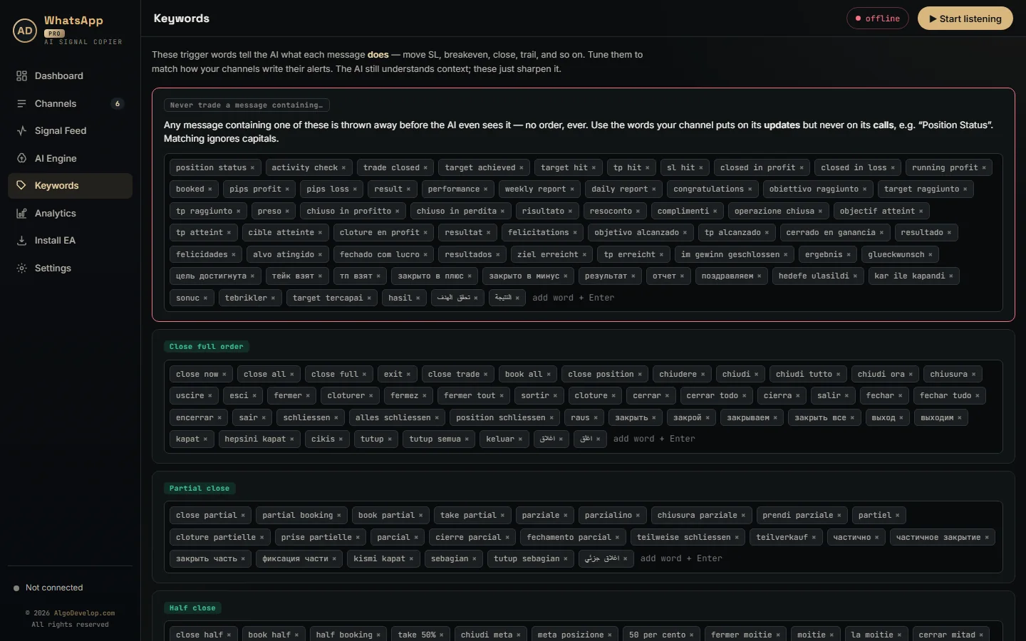 Keywords page of the WhatsApp signal copier with close, break-even and never-trade word lists