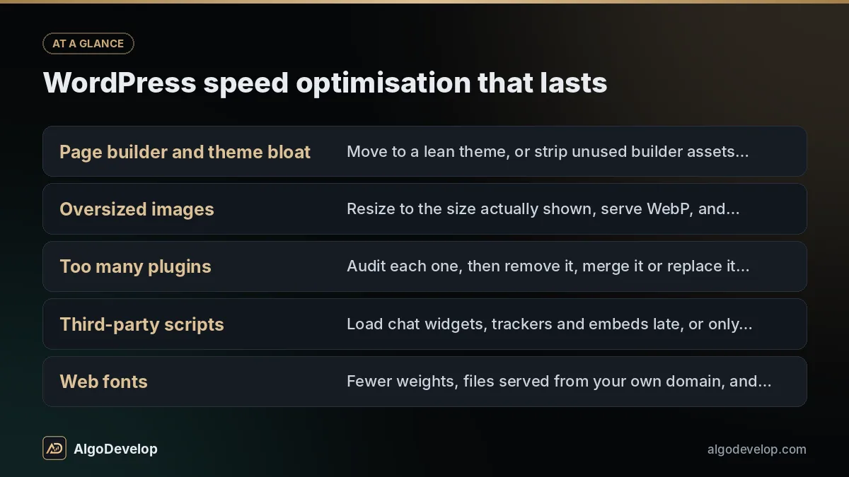 WordPress website development: WordPress speed optimisation that lasts, including page builder and theme bloat and oversized images